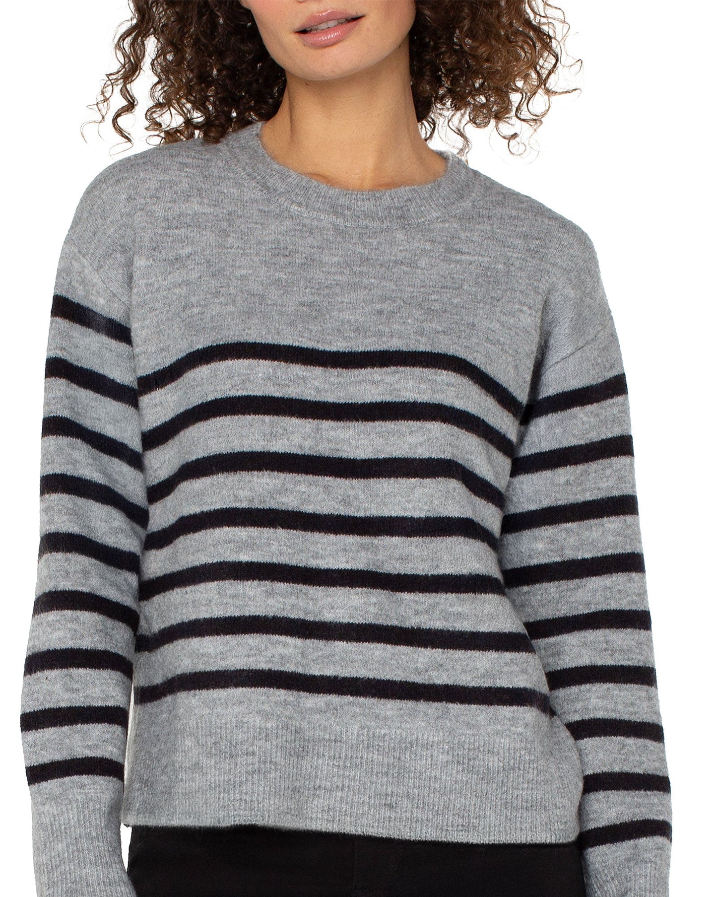 Long Slv Crew Neck Dropped Shoulder Sweater in striped gray and black, curated Fredericksburg Texas boutique