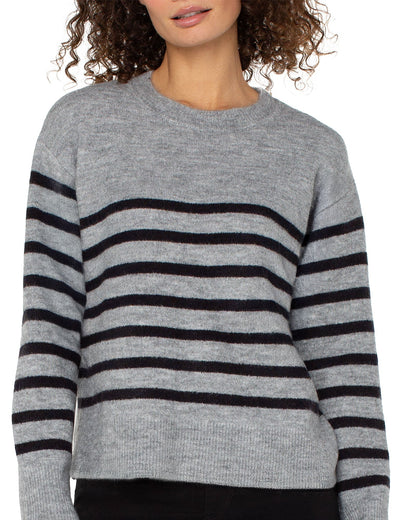 Long Slv Crew Neck Dropped Shoulder Sweater in striped gray and black, curated Fredericksburg Texas boutique
