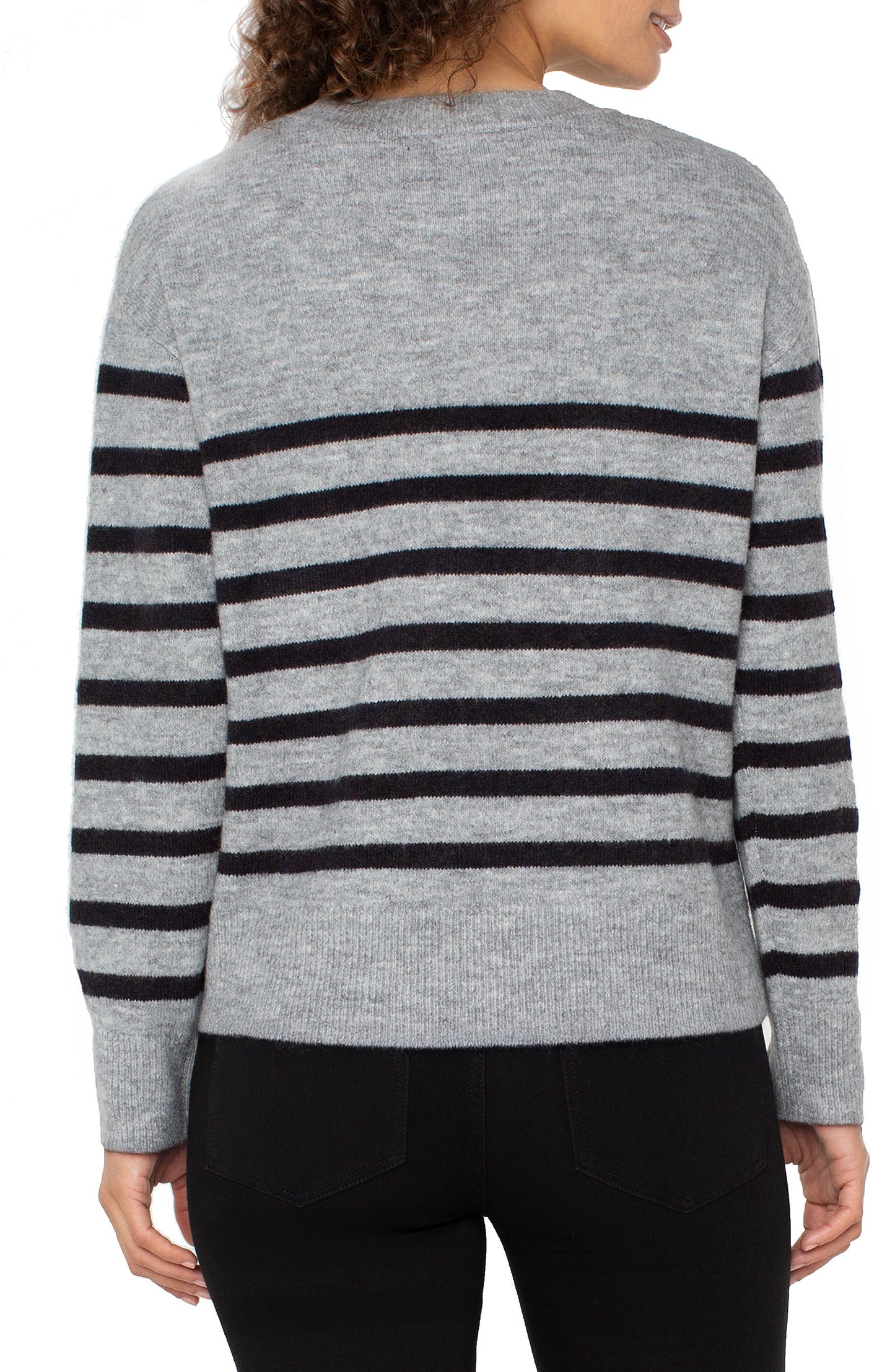 Long Slv Crew Neck Dropped Shoulder Sweater in gray and black stripes, personally curated Fredericksburg TX