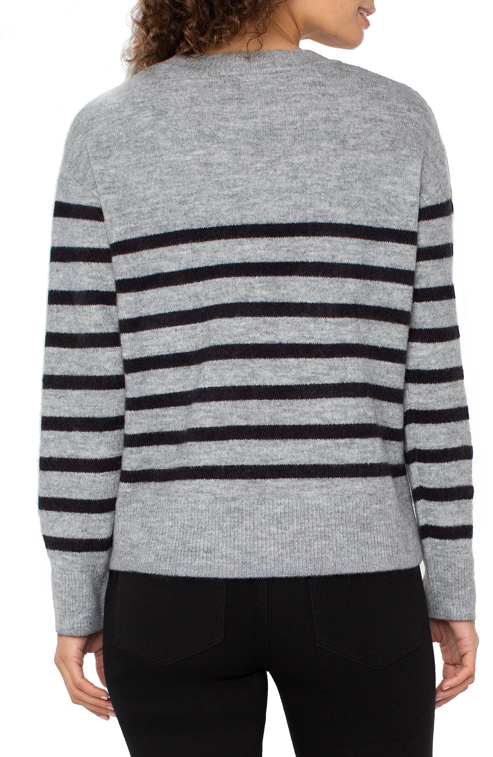 Long Slv Crew Neck Dropped Shoulder Sweater in gray and black stripes, personally curated Fredericksburg TX