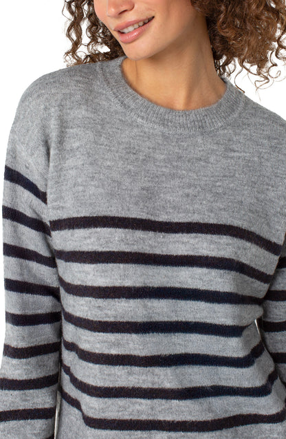 Long Slv Crew Neck Dropped Shoulder Sweater in gray and black stripes, curated Fredericksburg boutique