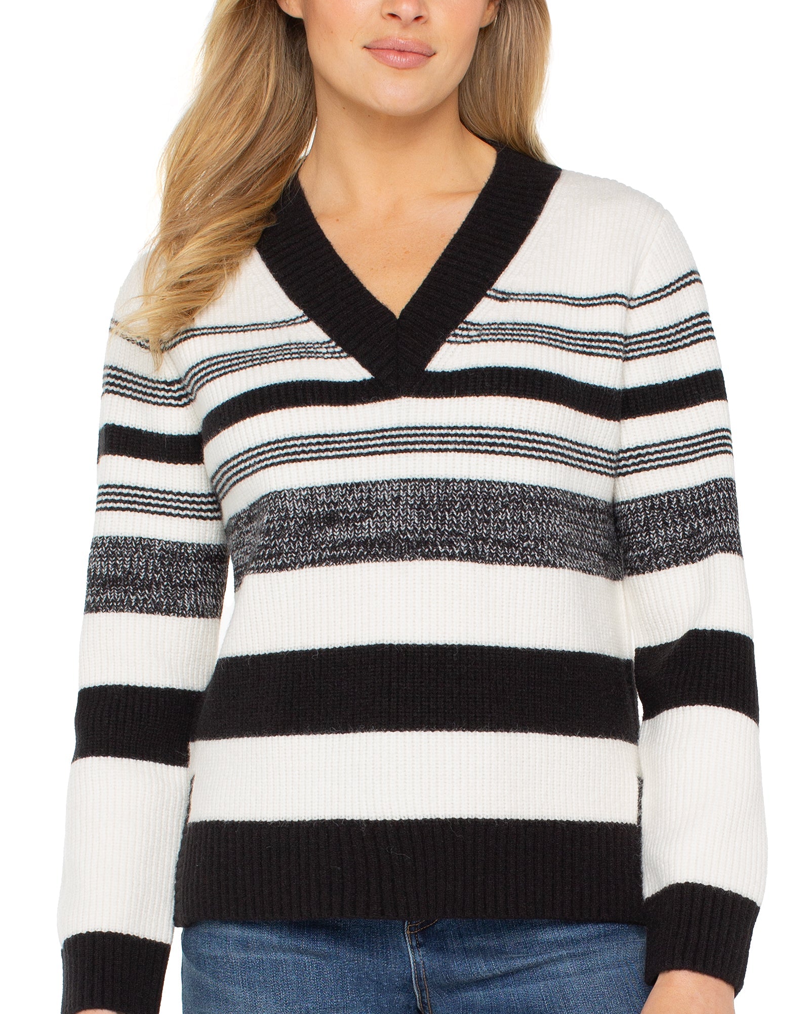Long Slv V-Neck Sweater in striped black and white knit, personally curated Fredericksburg Texas