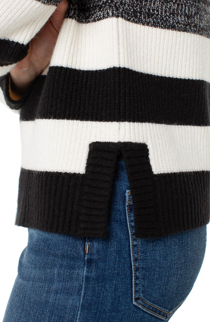 Long Slv V-Neck Sweater in striped white and black knit, curated Fredericksburg Texas boutique