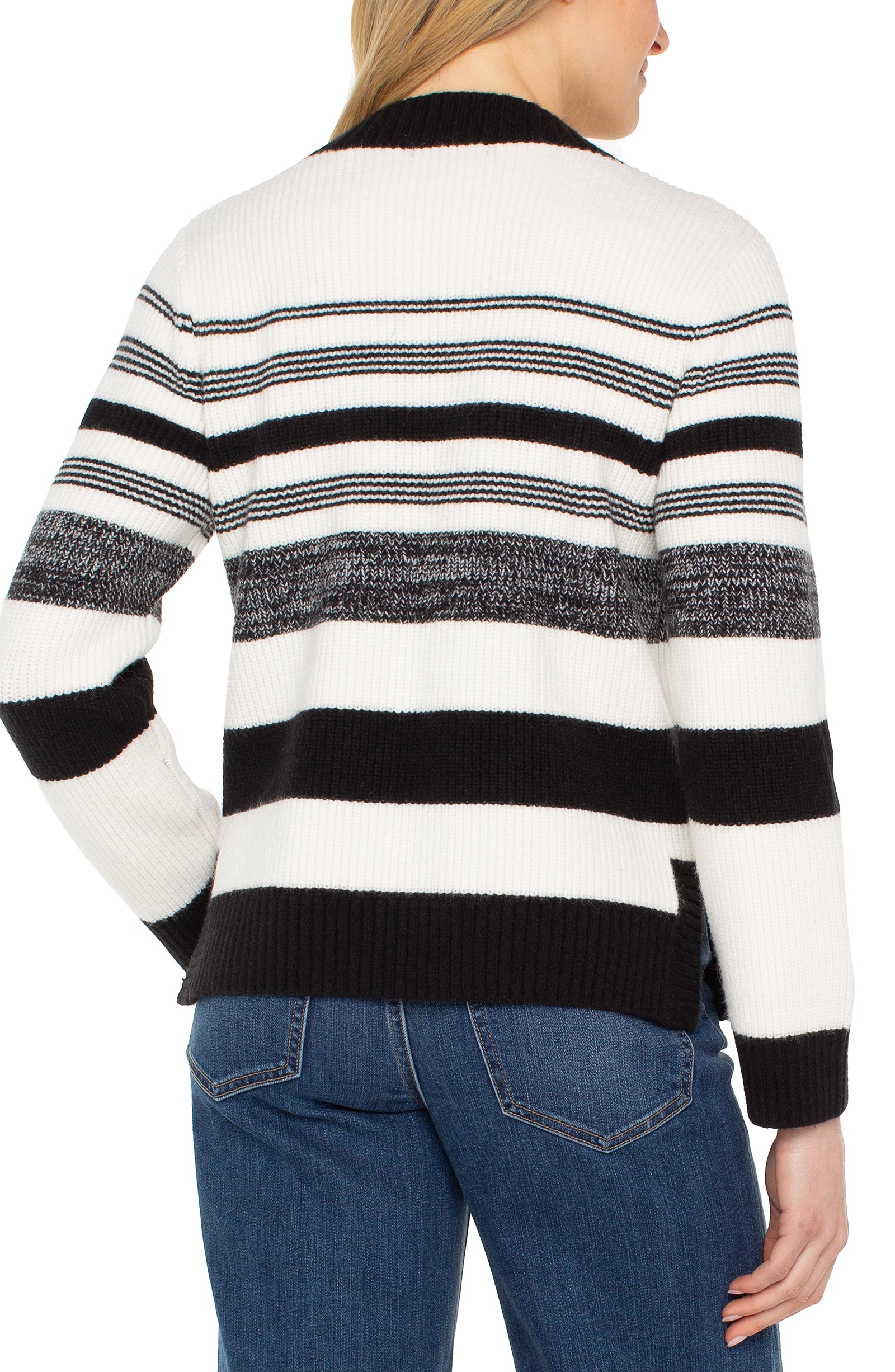 Long Slv V-Neck Sweater in striped black and white knit, personally curated Fredericksburg Texas boutique