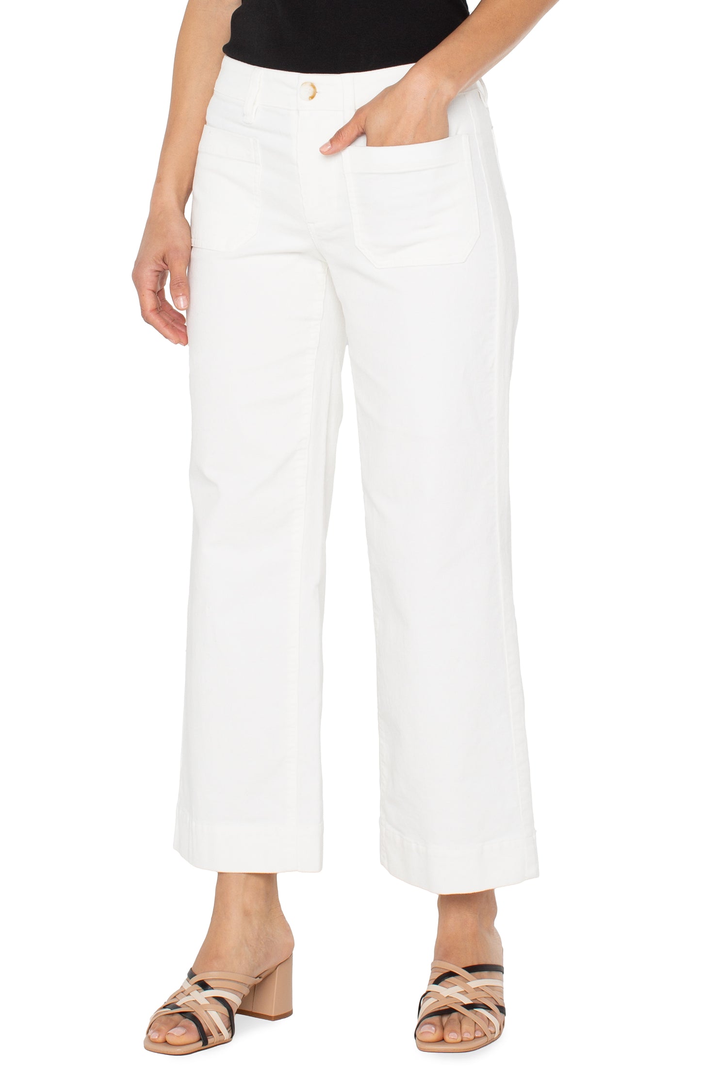 Corduroy Crop Wide Leg W Patch Pockets 27"Ins in white stretch fabric by LIVERPOOL LOS ANGELES