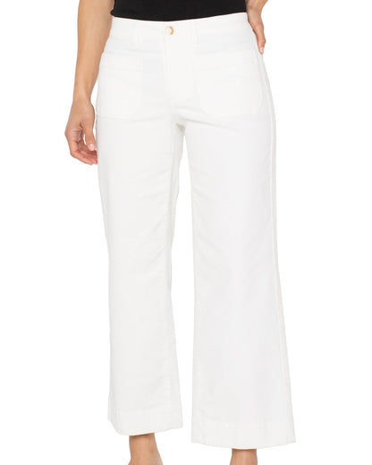 Corduroy Crop Wide Leg W Patch Pockets 27"Ins in white stretch fabric by LIVERPOOL LOS ANGELES