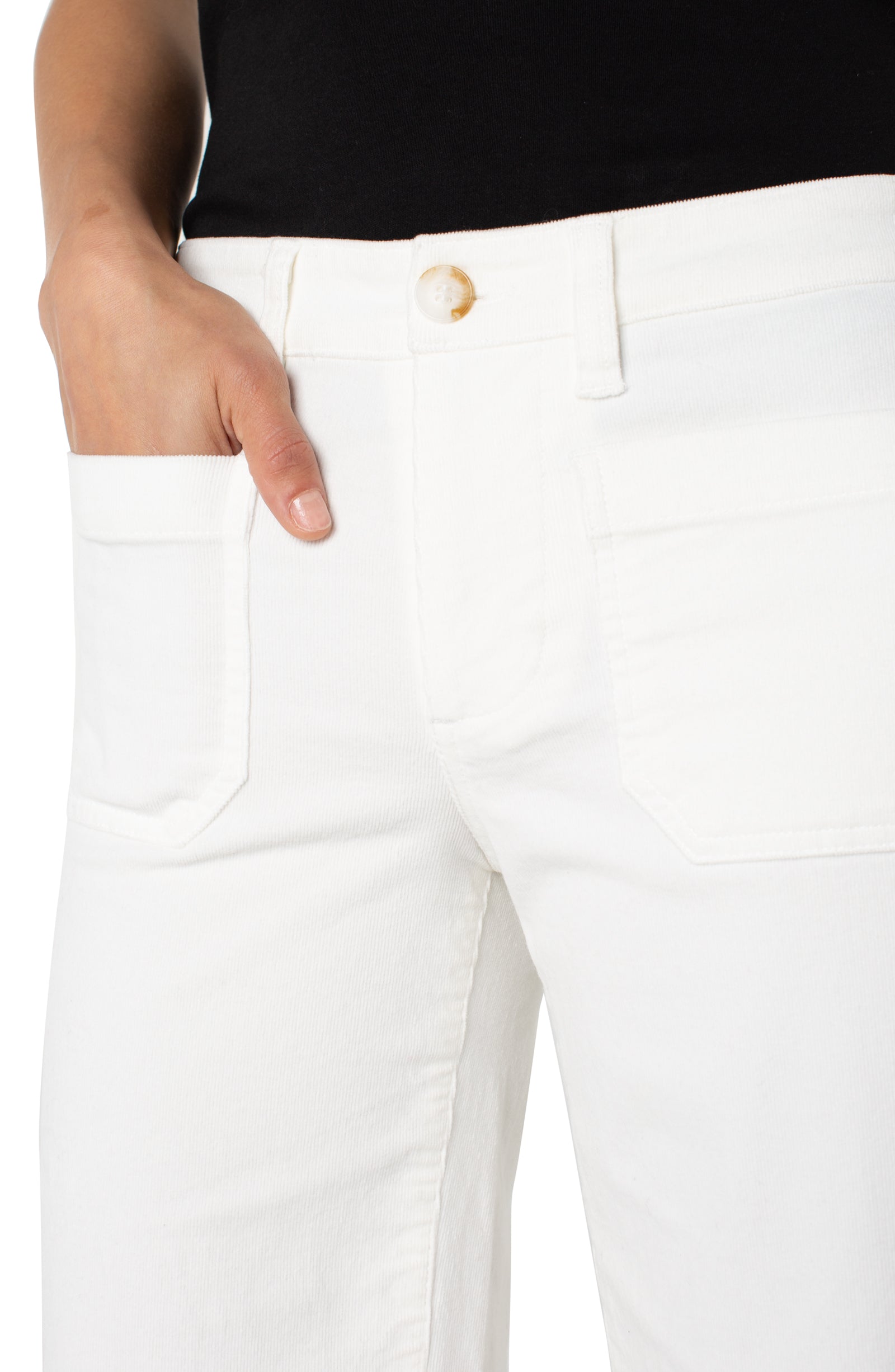 Corduroy Crop Wide Leg W Patch Pockets 27"Ins in white stretch fabric from LIVERPOOL LOS ANGELES