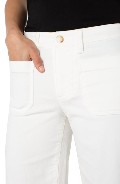 Corduroy Crop Wide Leg W Patch Pockets 27"Ins in white stretch fabric from LIVERPOOL LOS ANGELES