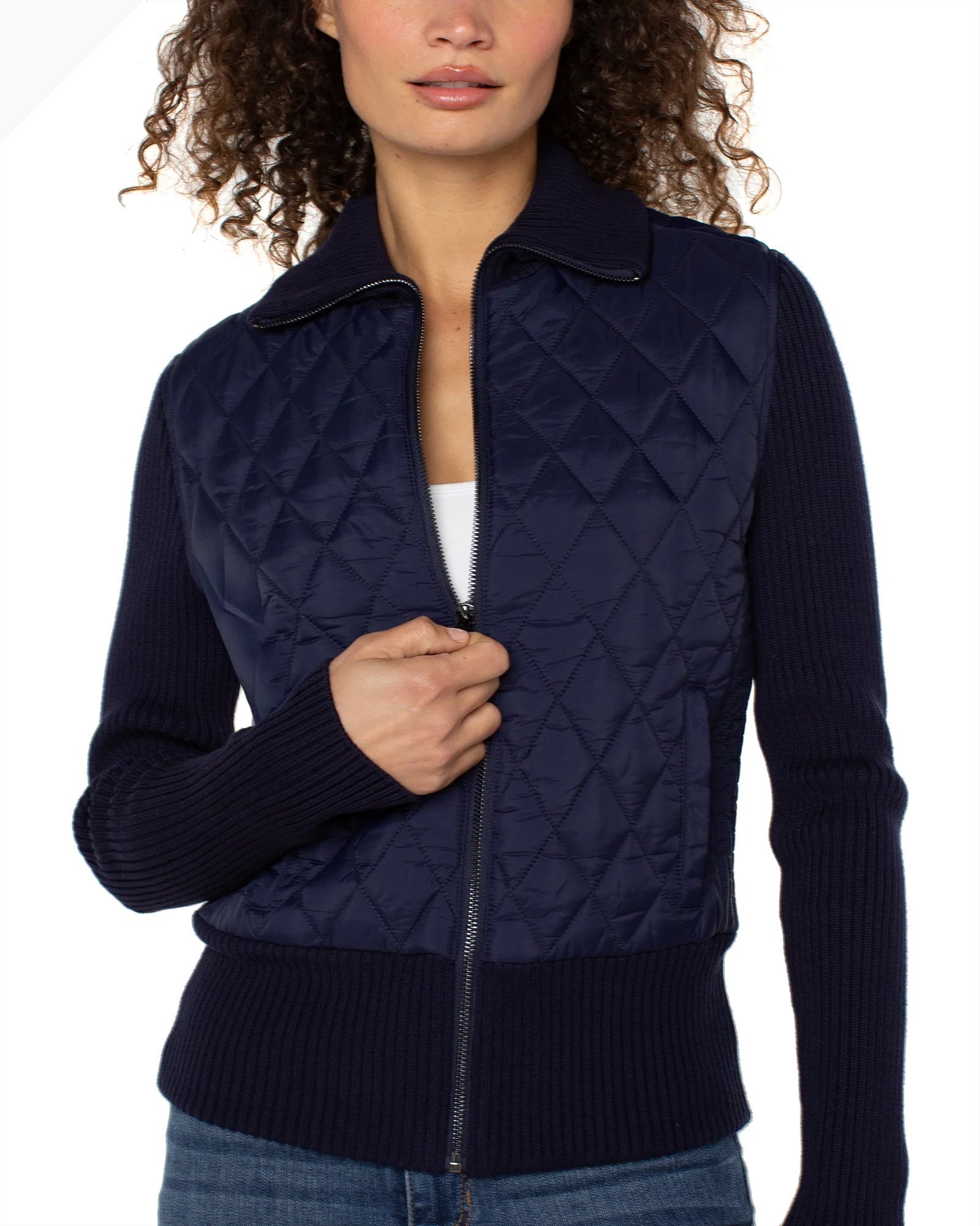 Long Slv Zip Front Sweater/Woven Jacket