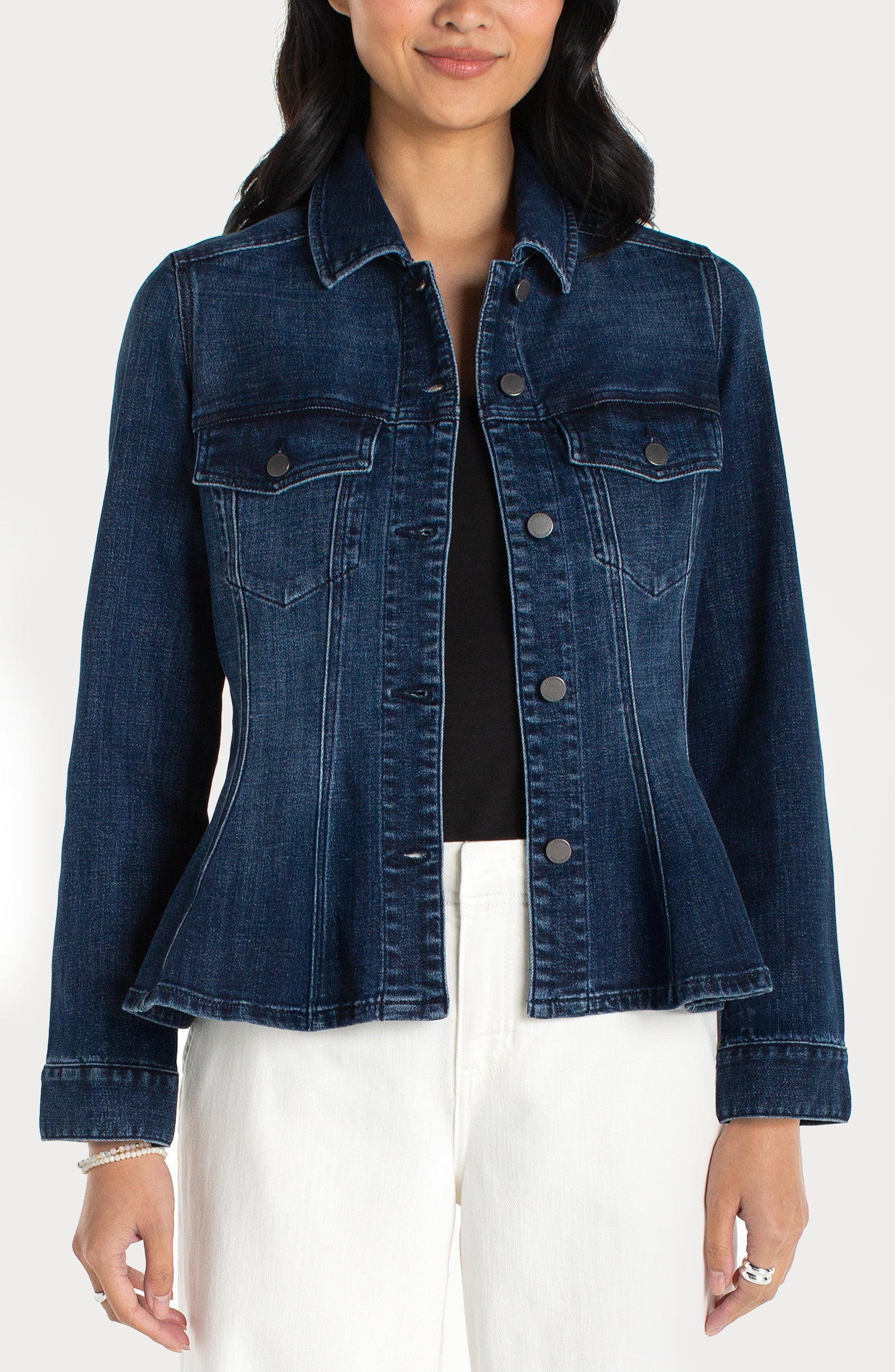 FIT AND FLARE TRUCKER JACKET in blue denim by LIVERPOOL LOS ANGELES, curated in Fredericksburg TX