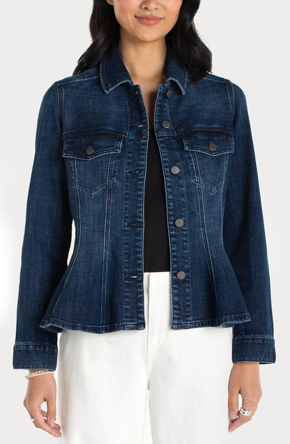 FIT AND FLARE TRUCKER JACKET in blue denim by LIVERPOOL LOS ANGELES, curated in Fredericksburg TX