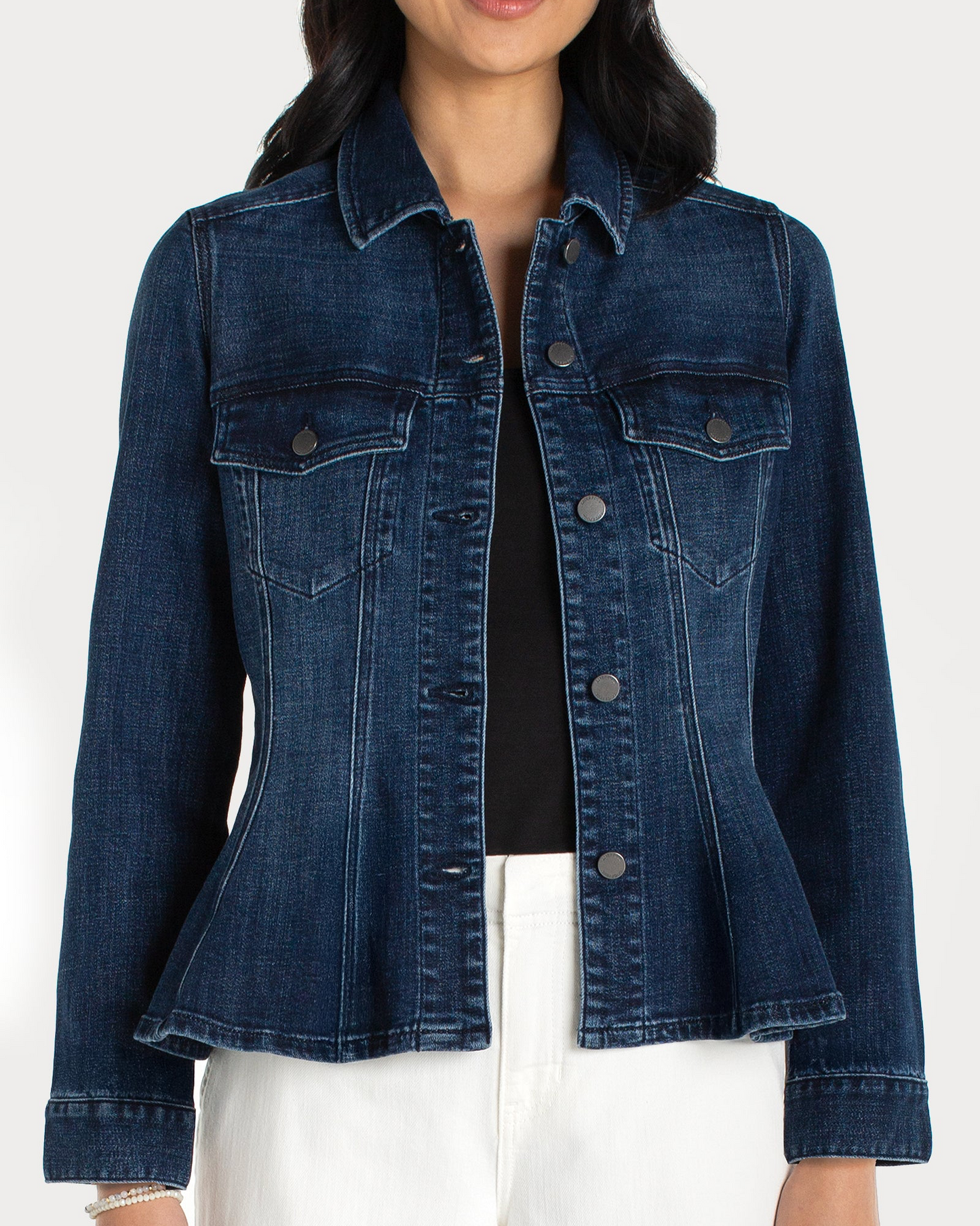 FIT AND FLARE TRUCKER JACKET in blue denim by LIVERPOOL LOS ANGELES, women's casual layered look
