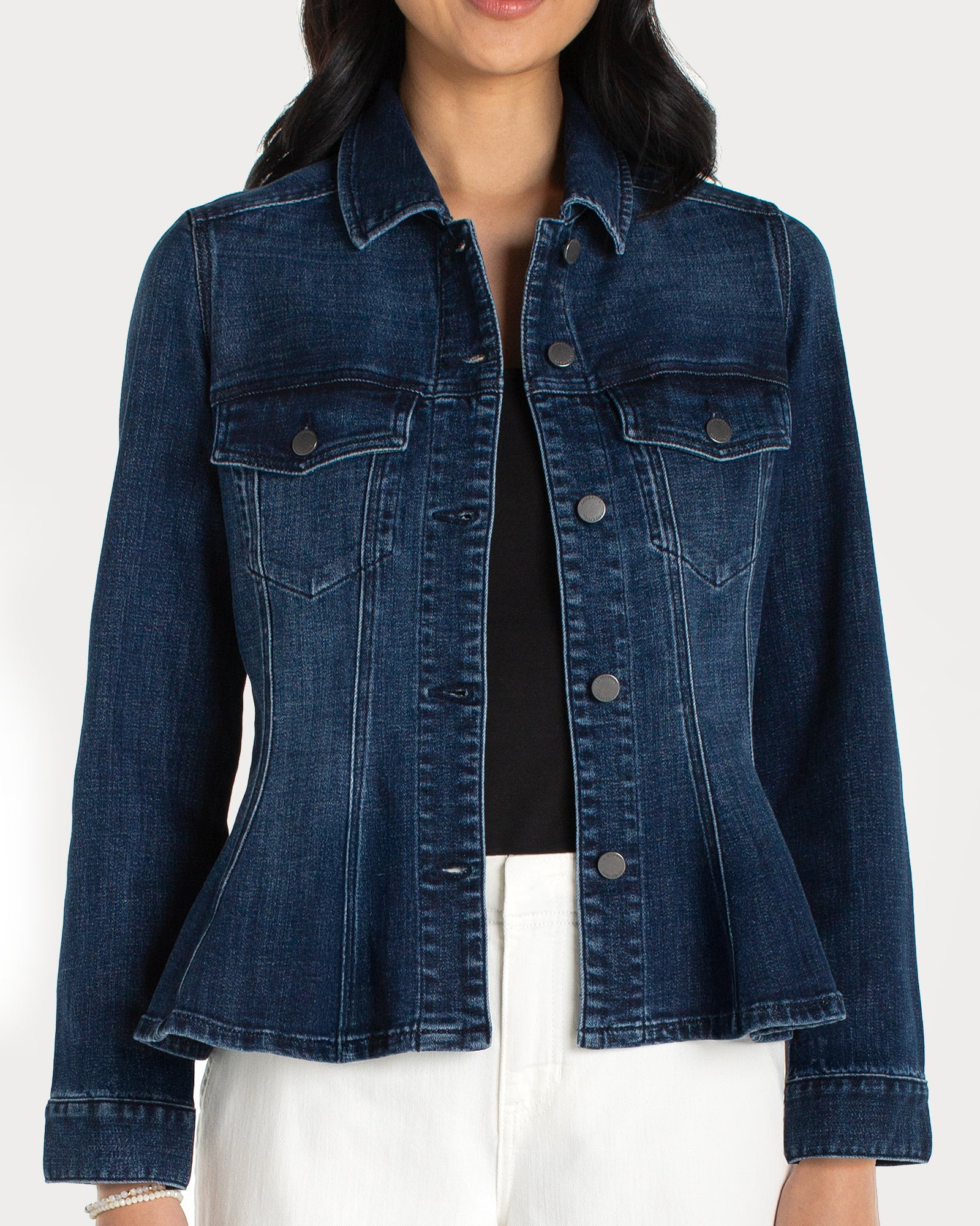 FIT AND FLARE TRUCKER JACKET in blue denim by LIVERPOOL LOS ANGELES, women's casual layered look