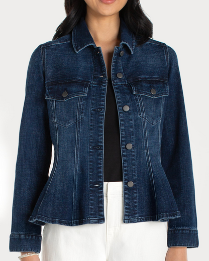 FIT AND FLARE TRUCKER JACKET in blue denim by LIVERPOOL LOS ANGELES, women's casual layered look