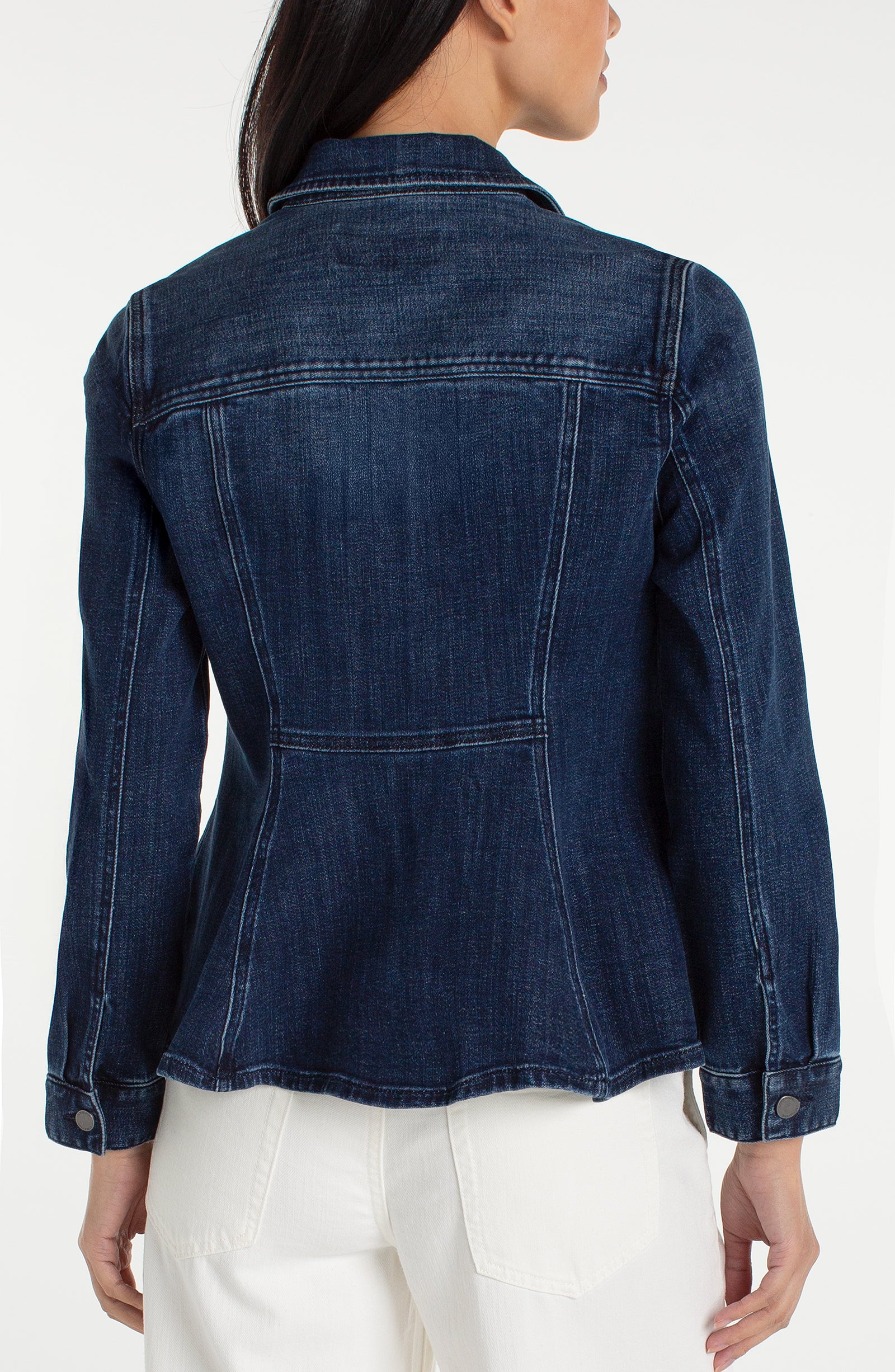 FIT AND FLARE TRUCKER JACKET in blue denim with tailored silhouette, curated in Fredericksburg TX boutique