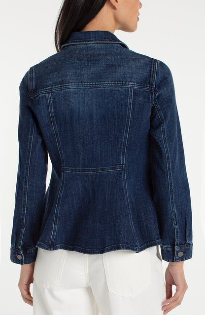 FIT AND FLARE TRUCKER JACKET in blue denim with tailored silhouette, curated in Fredericksburg TX boutique
