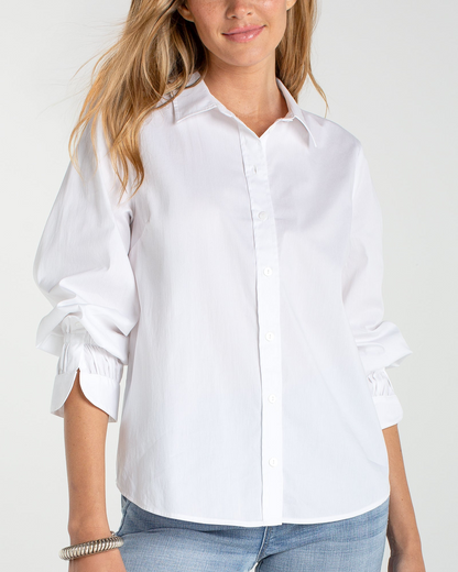 ADJUSTABLE SLEEVE BUTTON FRONT WOVEN TOP