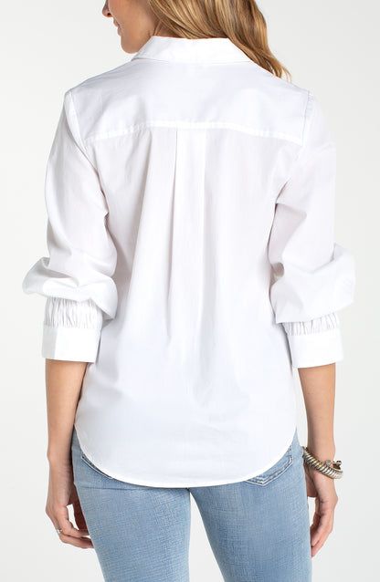 ADJUSTABLE SLEEVE BUTTON FRONT WOVEN TOP