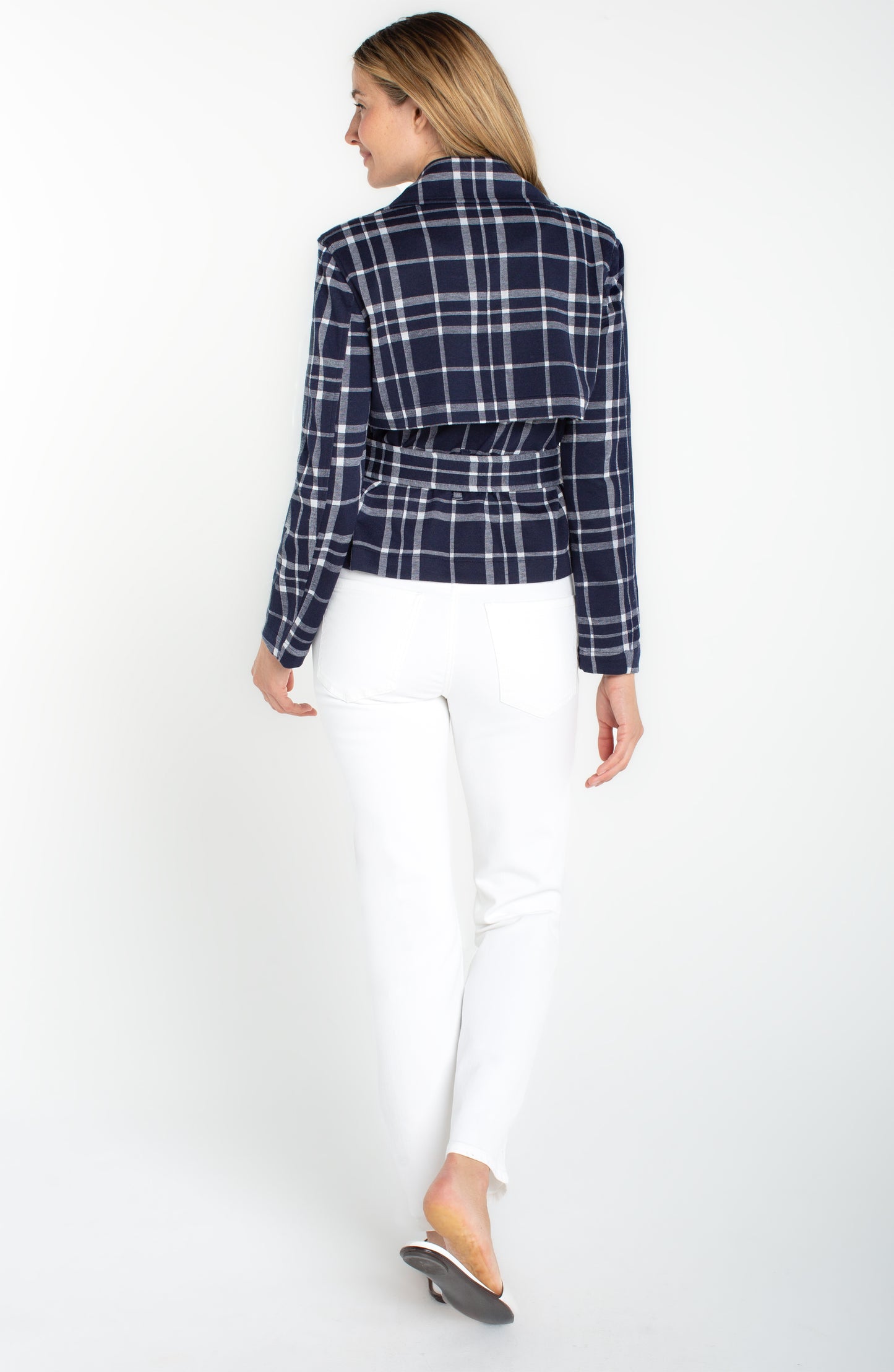 Cropped Trench Jacket W/Belt in navy plaid with tailored back and belted waist by LIVERPOOL LOS ANGELES
