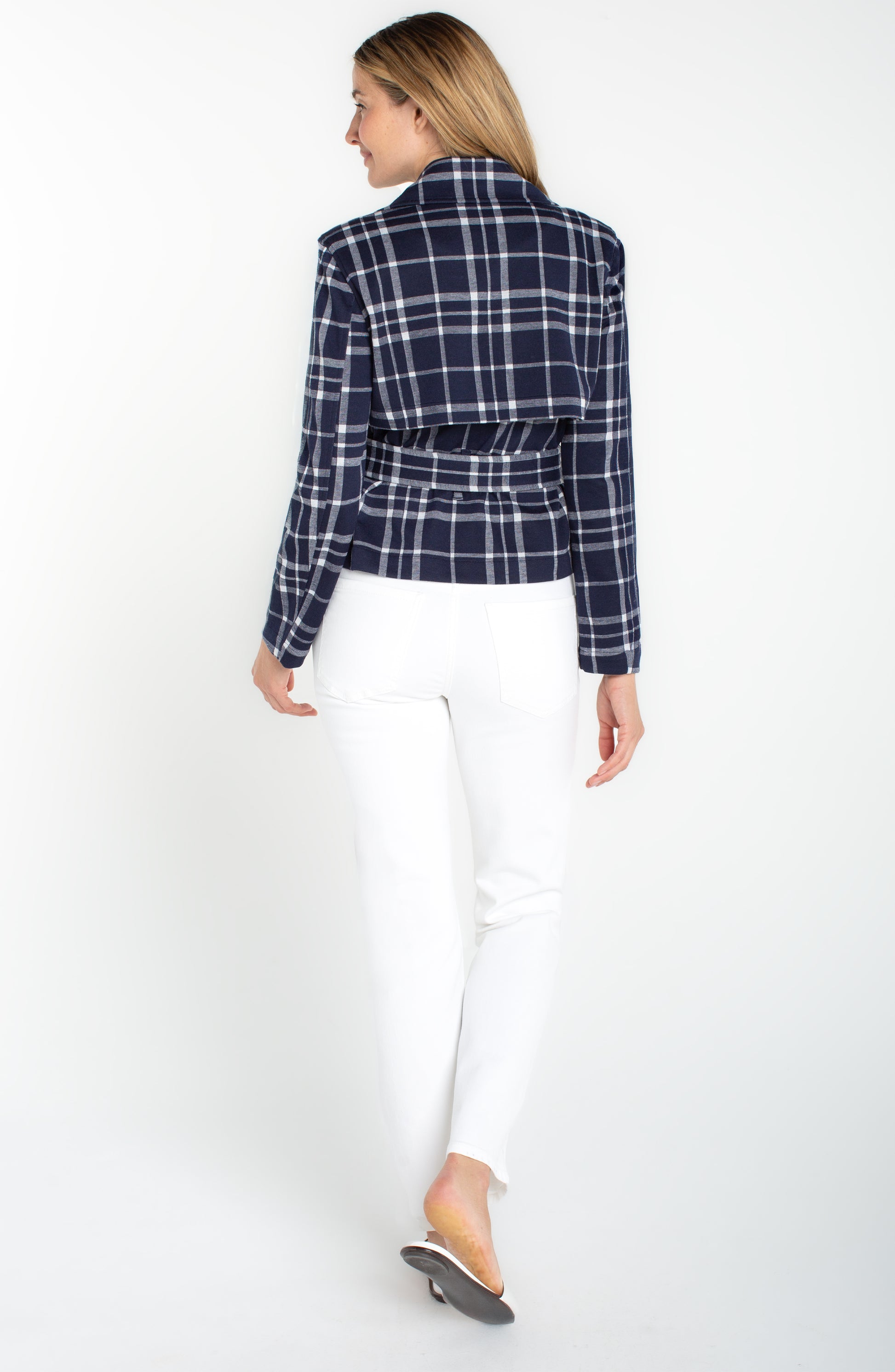 Cropped Trench Jacket W/Belt in navy plaid with tailored back and belted waist by LIVERPOOL LOS ANGELES