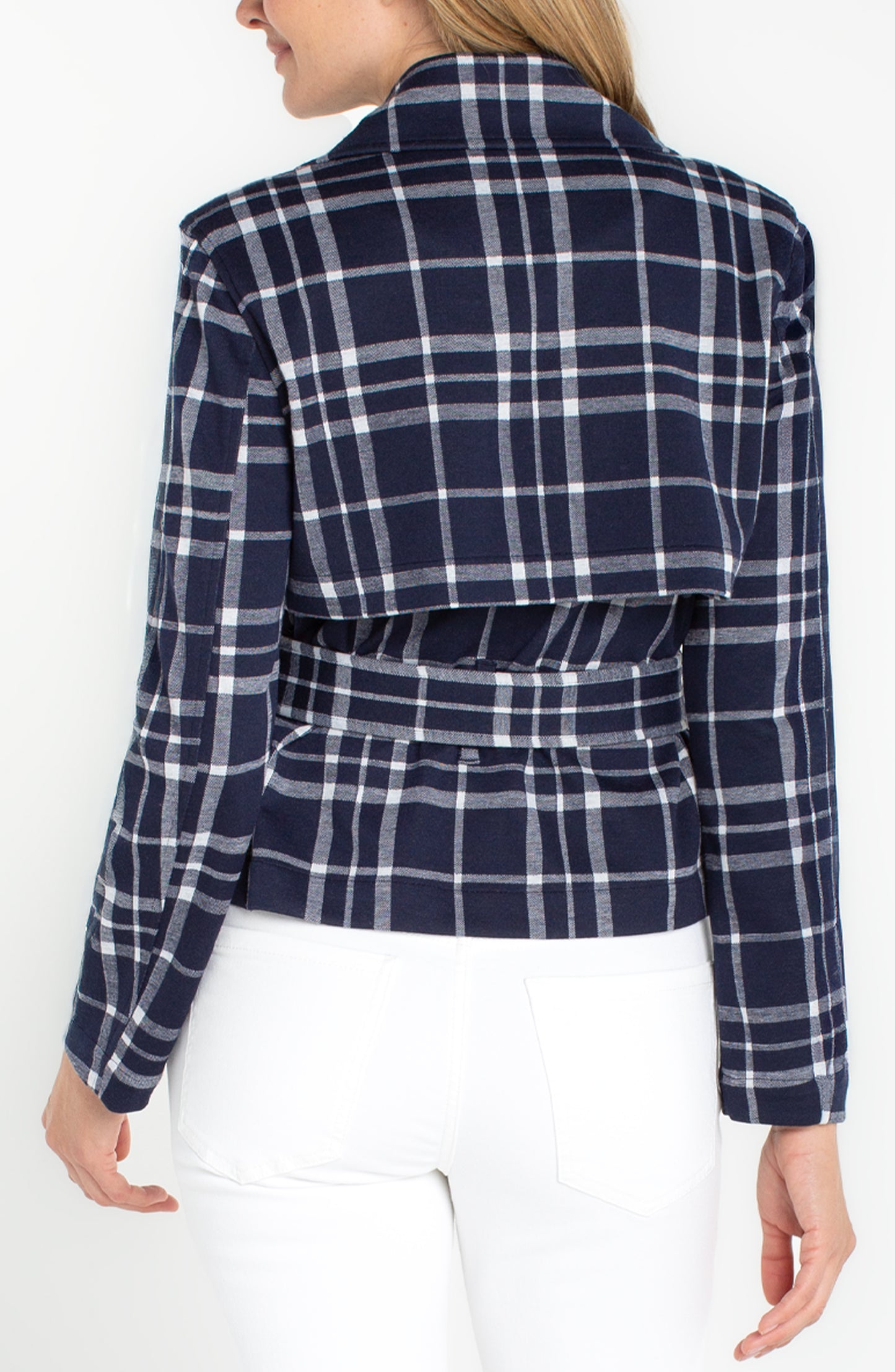 Cropped Trench Jacket W/Belt in navy plaid with tailored back and belted waist by LIVERPOOL LOS ANGELES