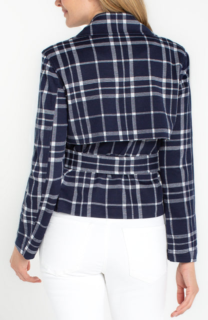 Cropped Trench Jacket W/Belt in navy plaid with tailored back and belted waist by LIVERPOOL LOS ANGELES
