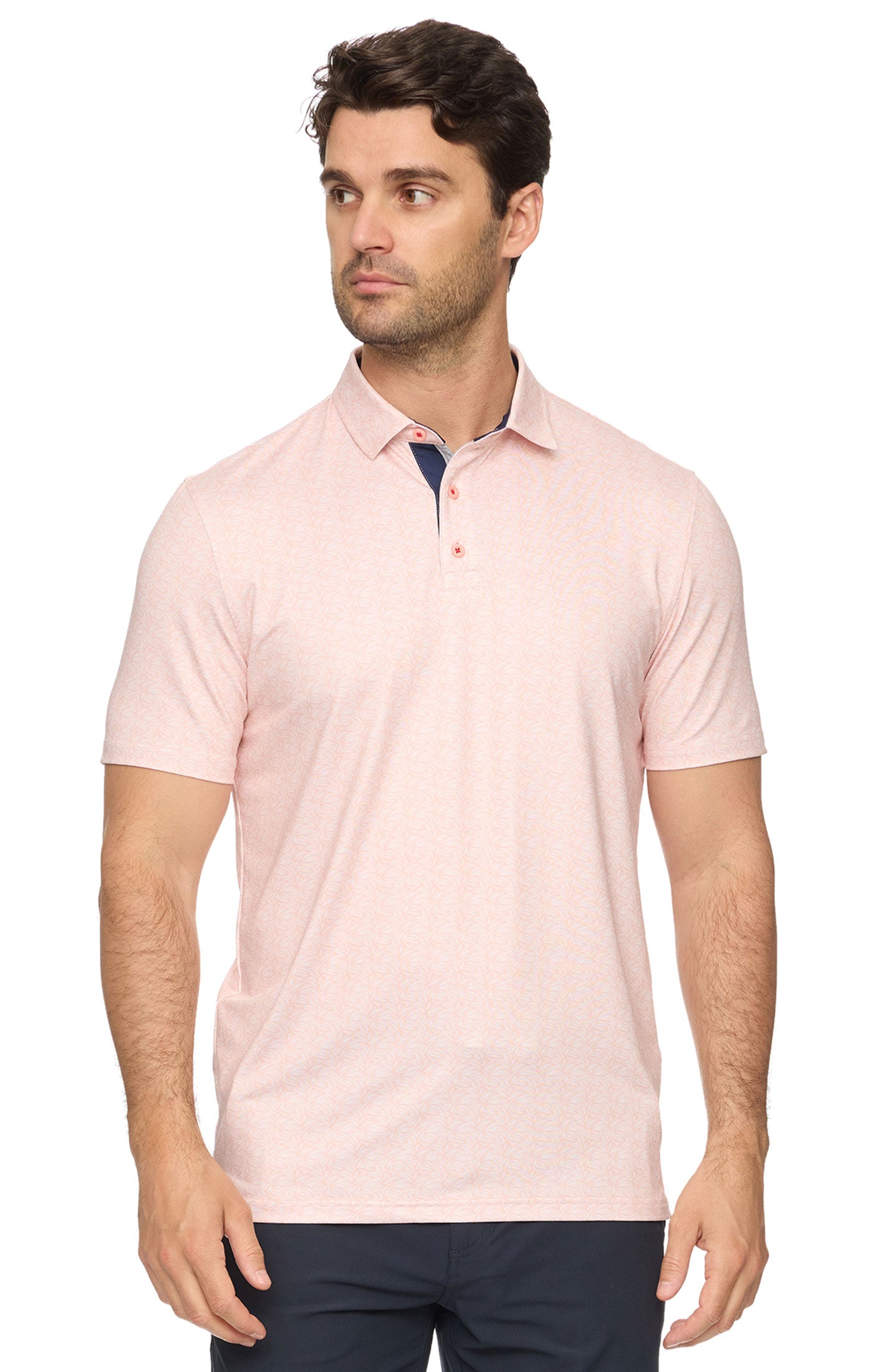 Cloverdale SS Leaf Print Performance Polo in soft pink, moisture-wicking men's short sleeve shirt
