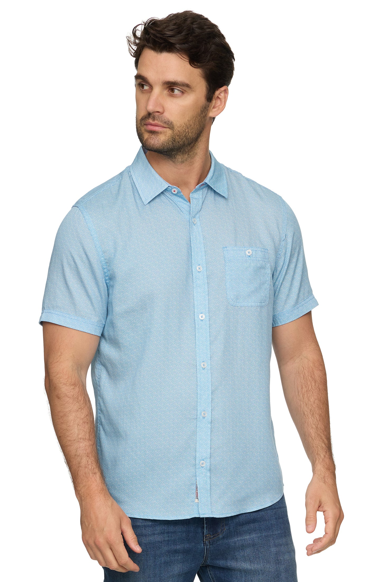Coolidge SS Crescent Print Outdoor Performance Shirt in light blue geometric by FLAG & ANTHEM