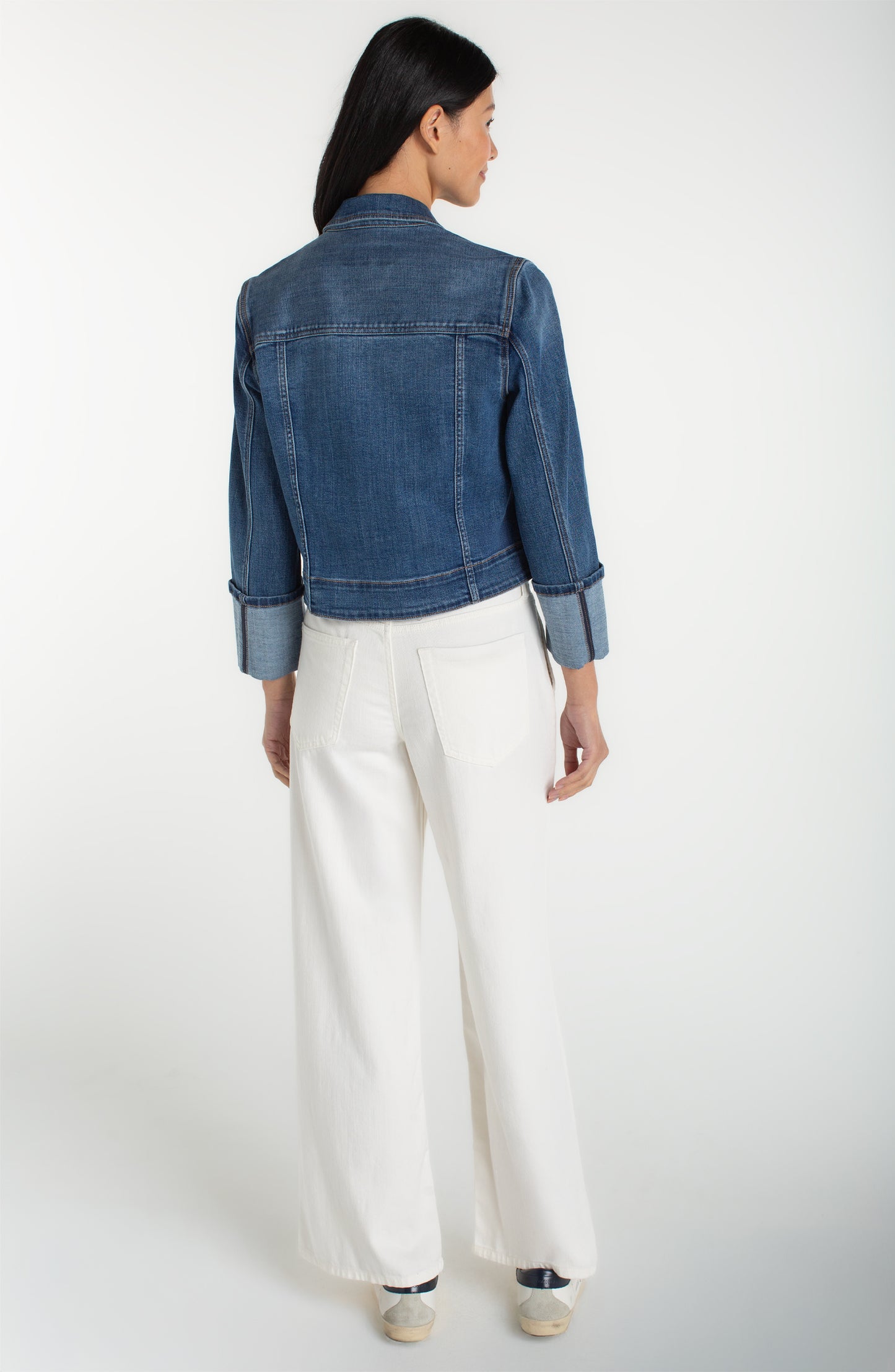Bracelet Length High Cuff Trucker Jacket in blue denim with rolled cuffs from LIVERPOOL LOS ANGELES
