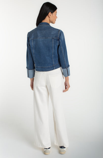 Bracelet Length High Cuff Trucker Jacket in blue denim with rolled cuffs from LIVERPOOL LOS ANGELES