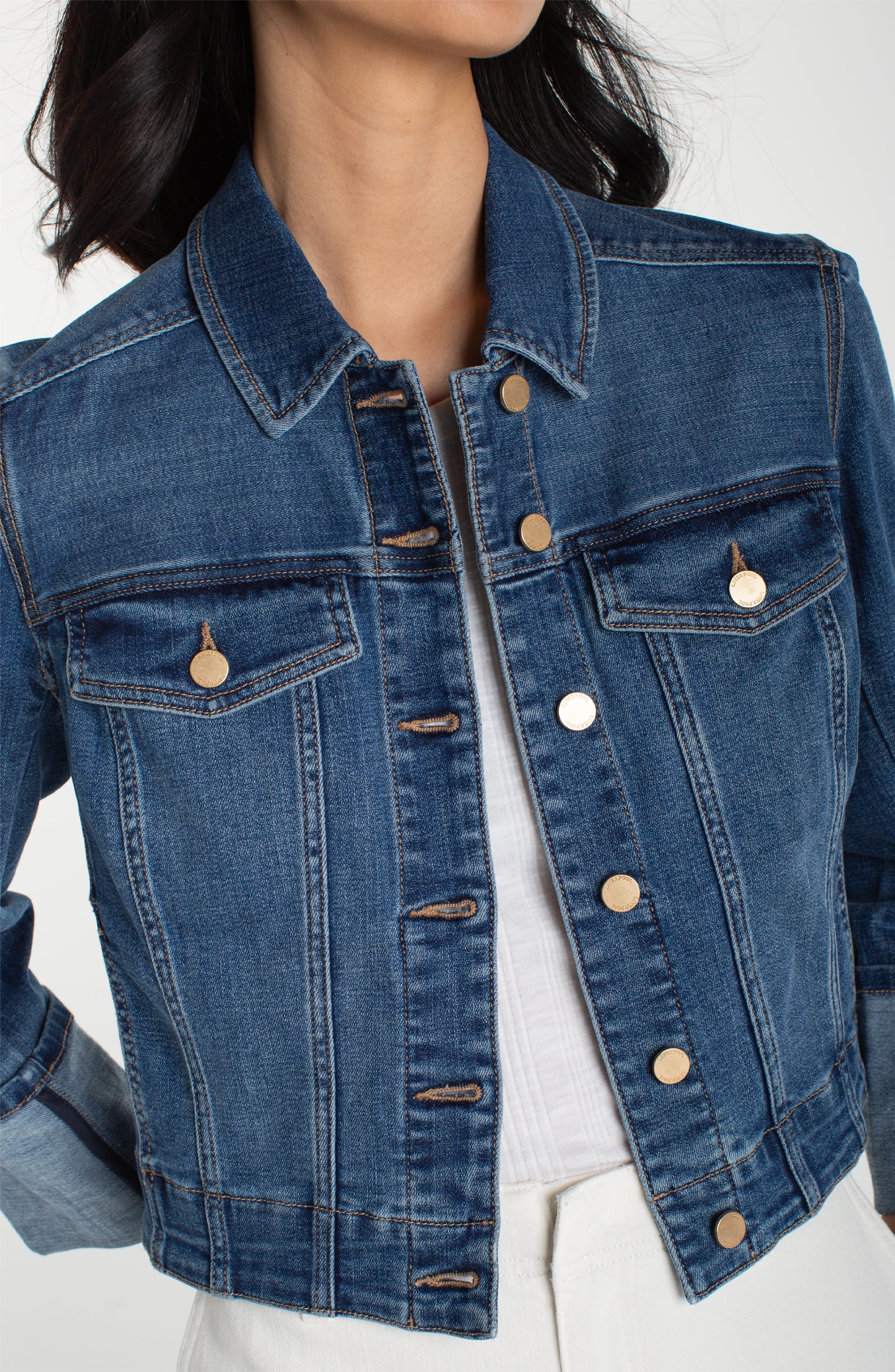 Bracelet Length High Cuff Trucker Jacket in blue denim with copper buttons from LIVERPOOL LOS ANGELES