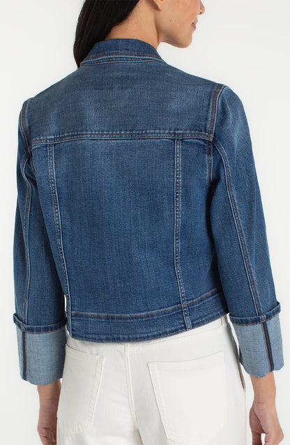 Bracelet Length High Cuff Trucker Jacket in blue denim, stitched detailing, from LIVERPOOL LOS ANGELES