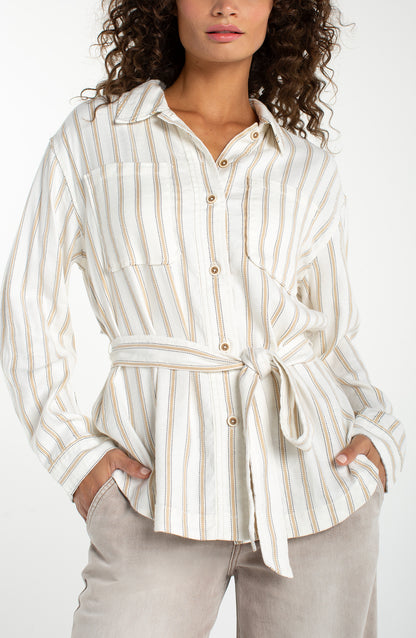 Belted Shacket in striped viscose-linen blend with front pockets from LIVERPOOL LOS ANGELES