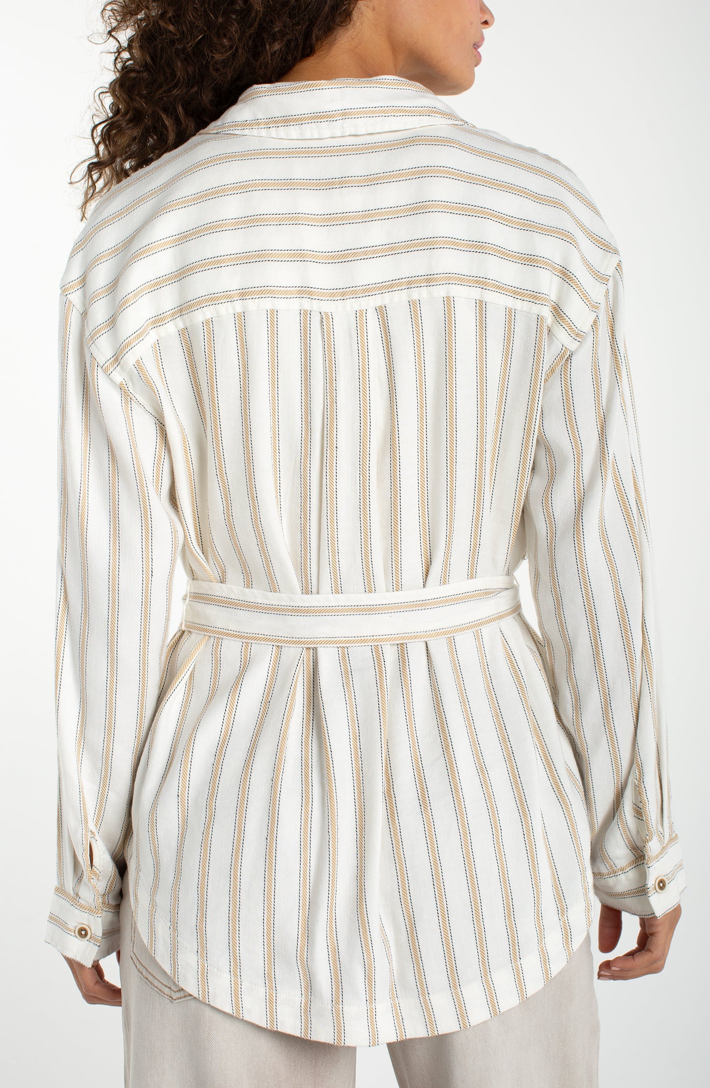 Belted Shacket in striped viscose-linen blend with waist tie, crafted by LIVERPOOL LOS ANGELES