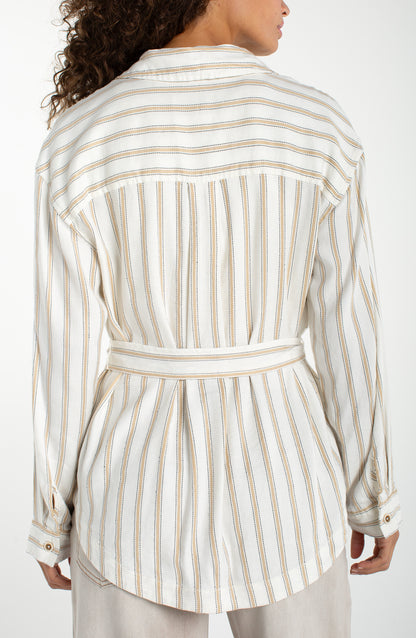 Belted Shacket in striped viscose-linen blend with waist tie, crafted by LIVERPOOL LOS ANGELES