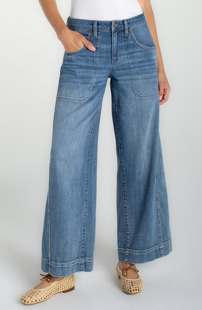 Stride Wide Leg w/Utility Details 30' Inseam in blue cotton denim from LIVERPOOL LOS ANGELES