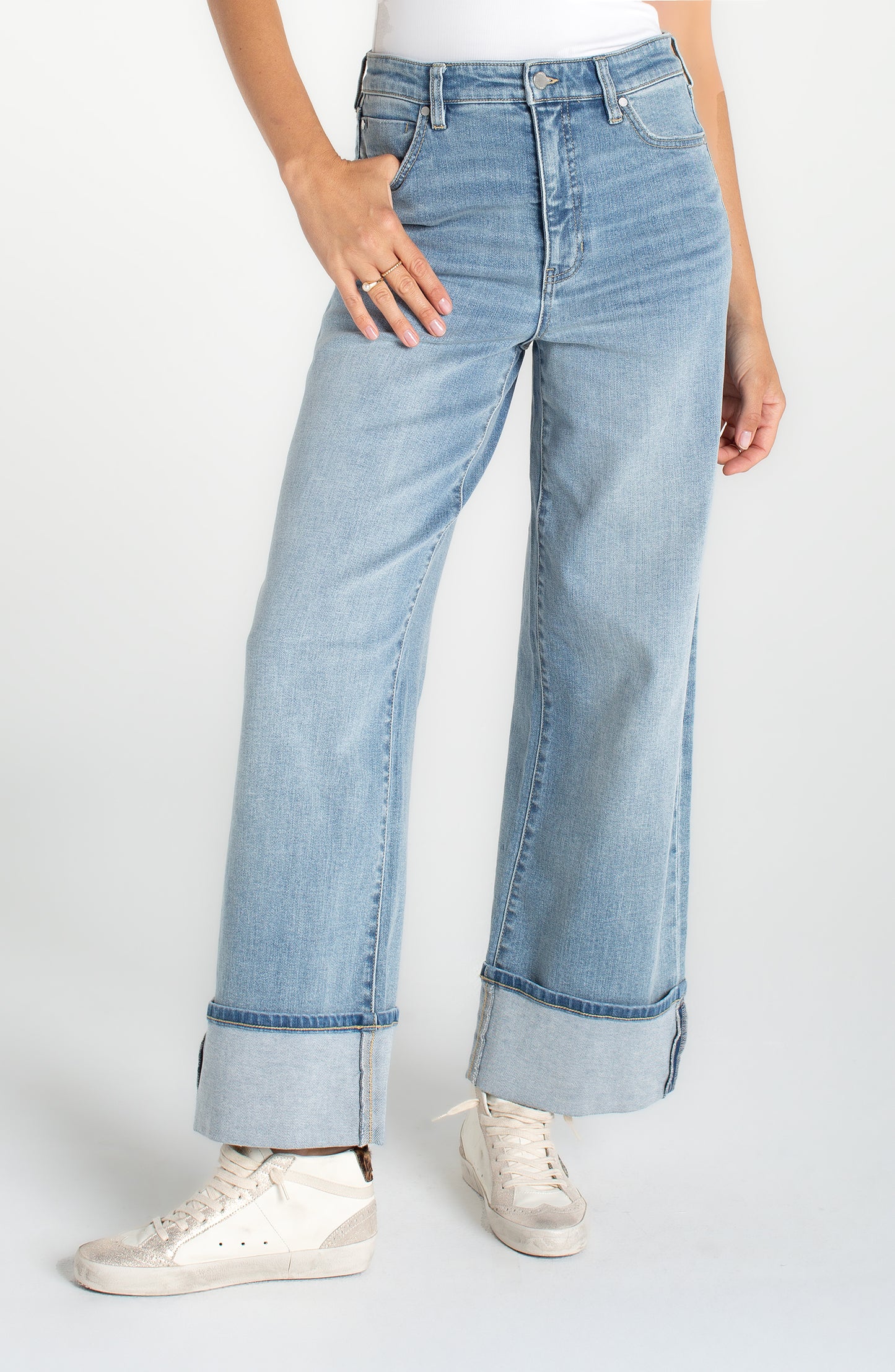 Morgan High Rise Cuffed Wide Leg 30' Inseam in blue stretch denim from LIVERPOOL LOS ANGELES