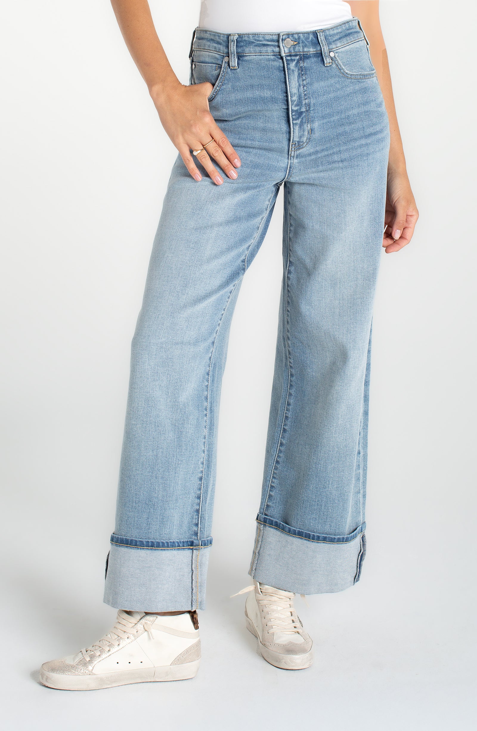 Morgan High Rise Cuffed Wide Leg 30' Inseam in blue stretch denim from LIVERPOOL LOS ANGELES