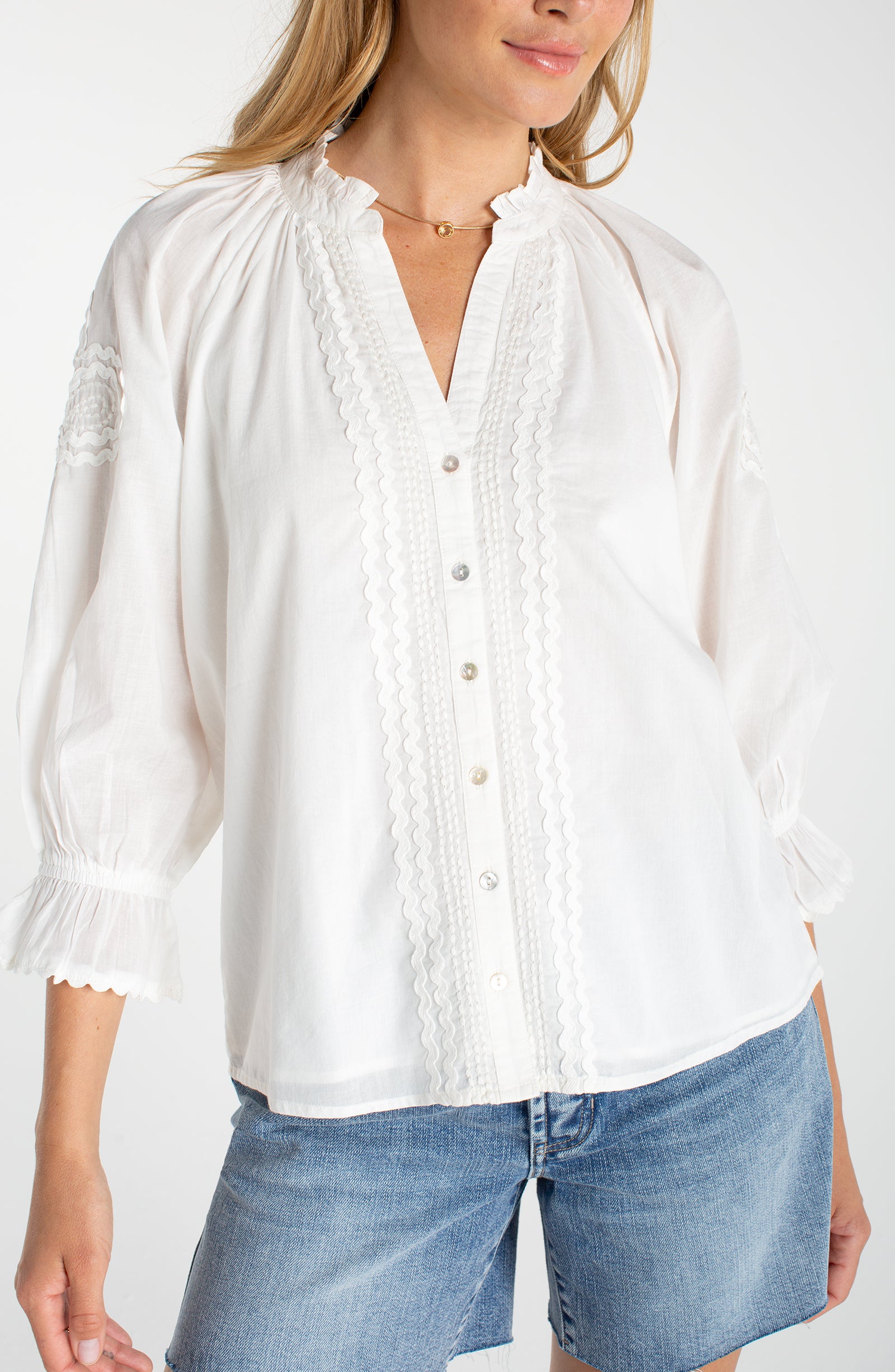 3/4 Slv Button Front Woven Top w/Emb