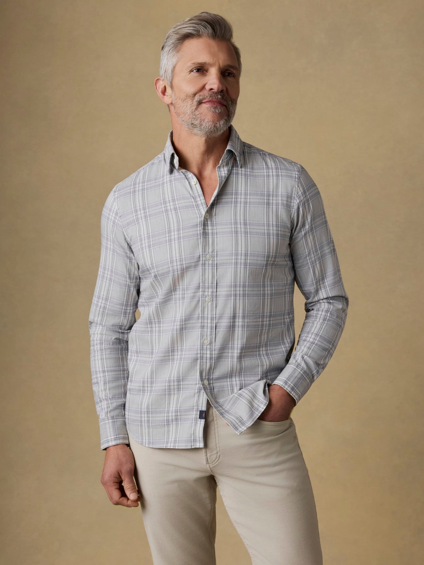 The Movement Shirt - Grey Cloud Plaid in wrinkle resistant stretch cotton by FAHERTY, Men's Shirts at HCO