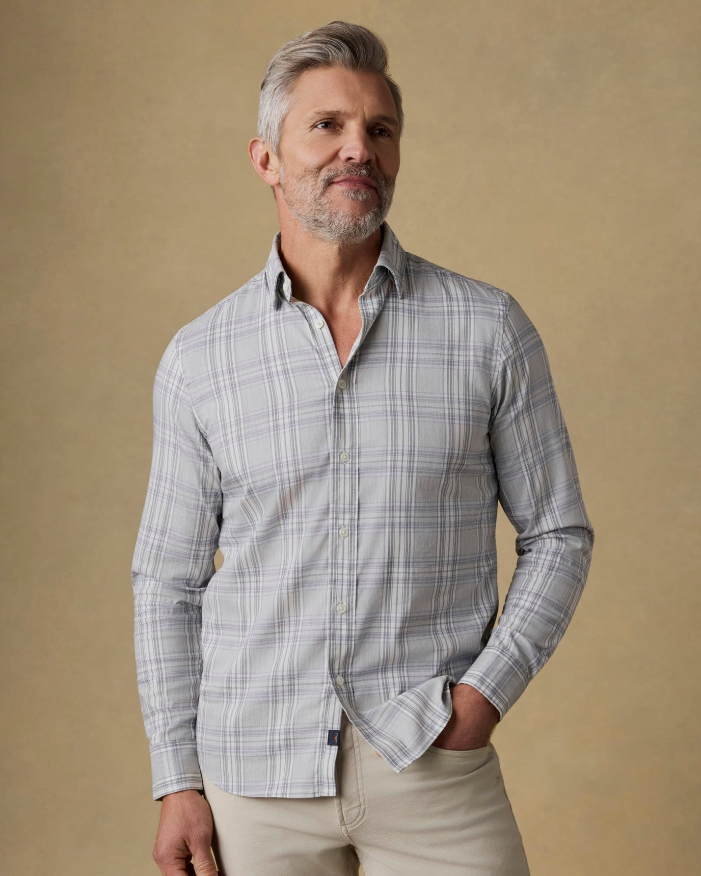 The Movement Shirt - Grey Cloud Plaid in wrinkle resistant stretch cotton by FAHERTY, HCO TX
