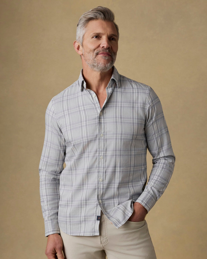 The Movement Shirt - Grey Cloud Plaid in wrinkle resistant stretch cotton by FAHERTY, HCO TX