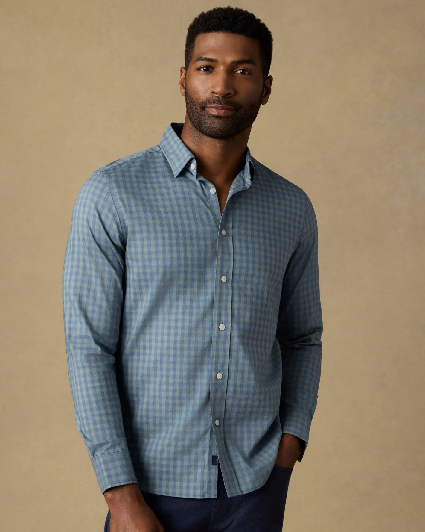 The Movement Shirt - Sage Marine Gingham by FAHERTY in men's long sleeve shirts at HCO TX