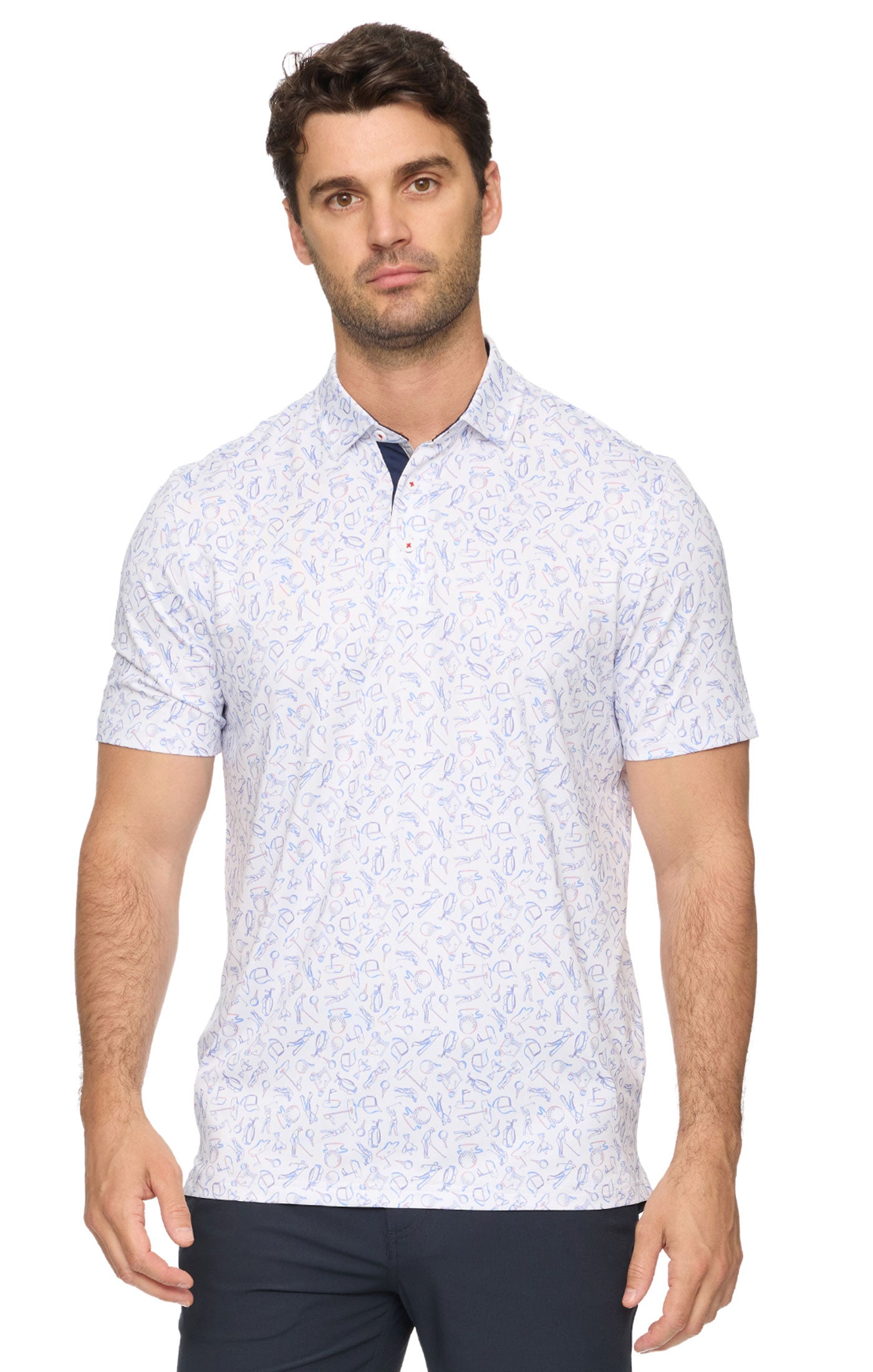 Linton SS Golf Scene Print Performance Polo - White/Blue/Red