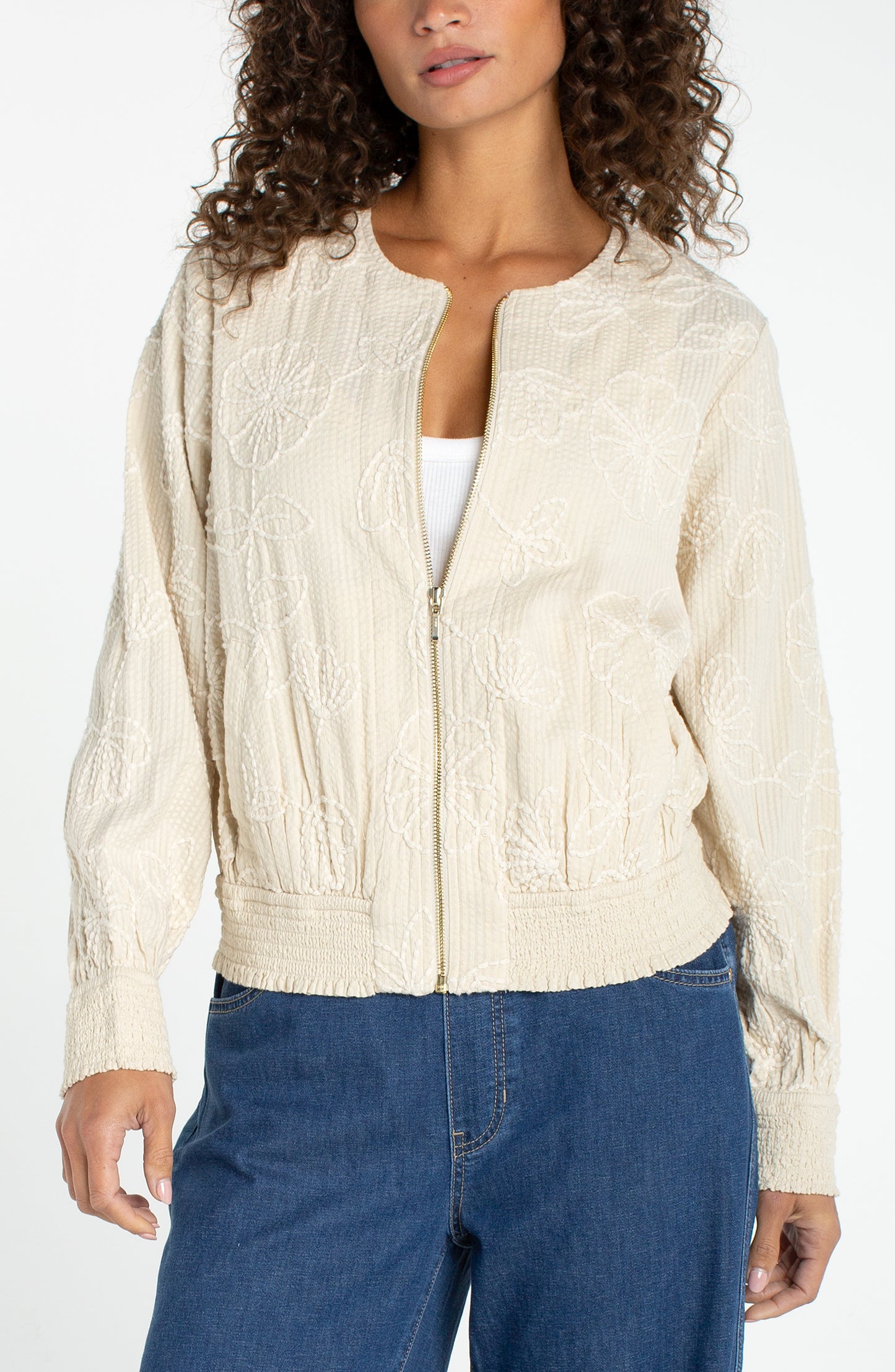 Long Sleeve Collarless Jacket w/Smocking in beige floral cotton from LIVERPOOL LOS ANGELES, Women's Jackets HCO