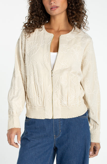 Long Sleeve Collarless Jacket w/Smocking in beige floral cotton from LIVERPOOL LOS ANGELES, Women's Jackets HCO