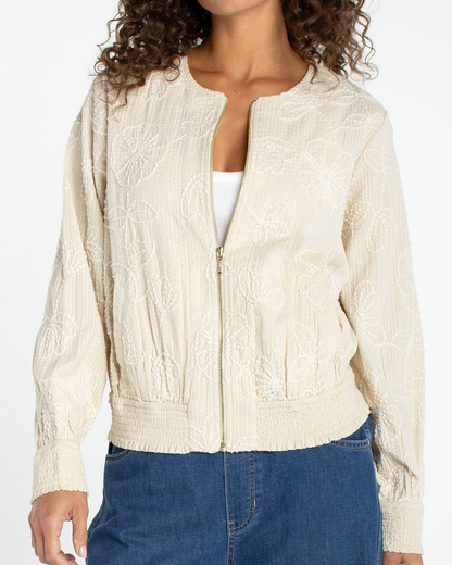 Long Sleeve Collarless Jacket w/Smocking in beige floral cotton from Liverpool Los Angeles, Women's Jackets HCO