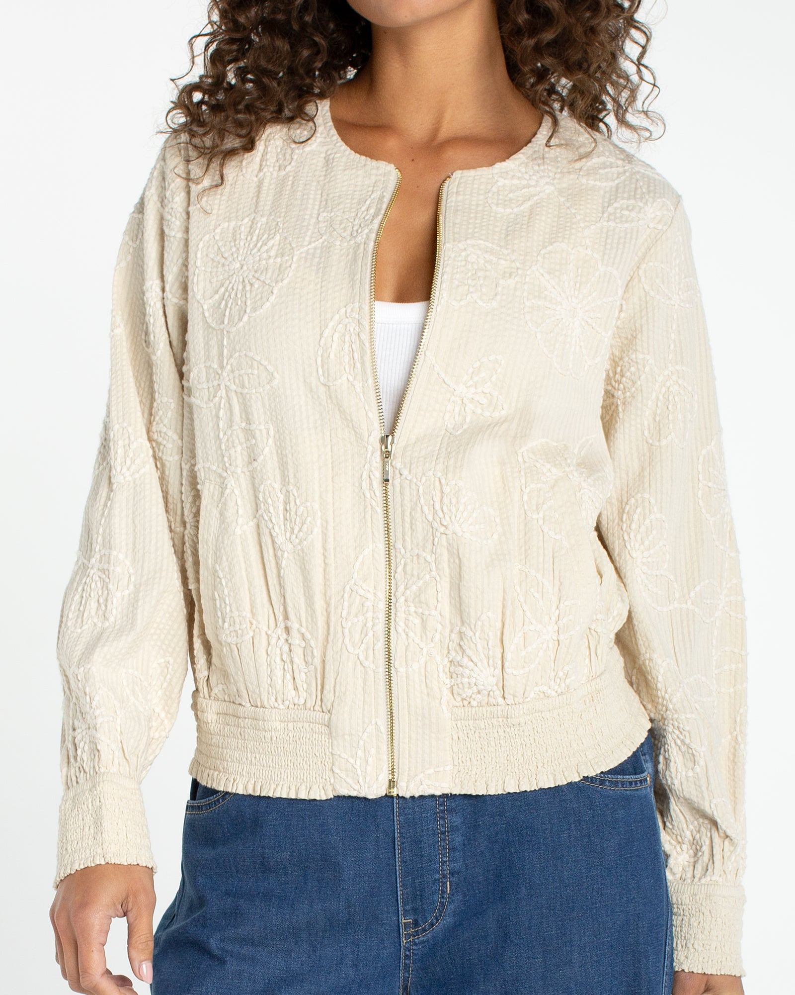 Long Sleeve Collarless Jacket w/Smocking in beige floral cotton from Liverpool Los Angeles, Women's Jackets HCO