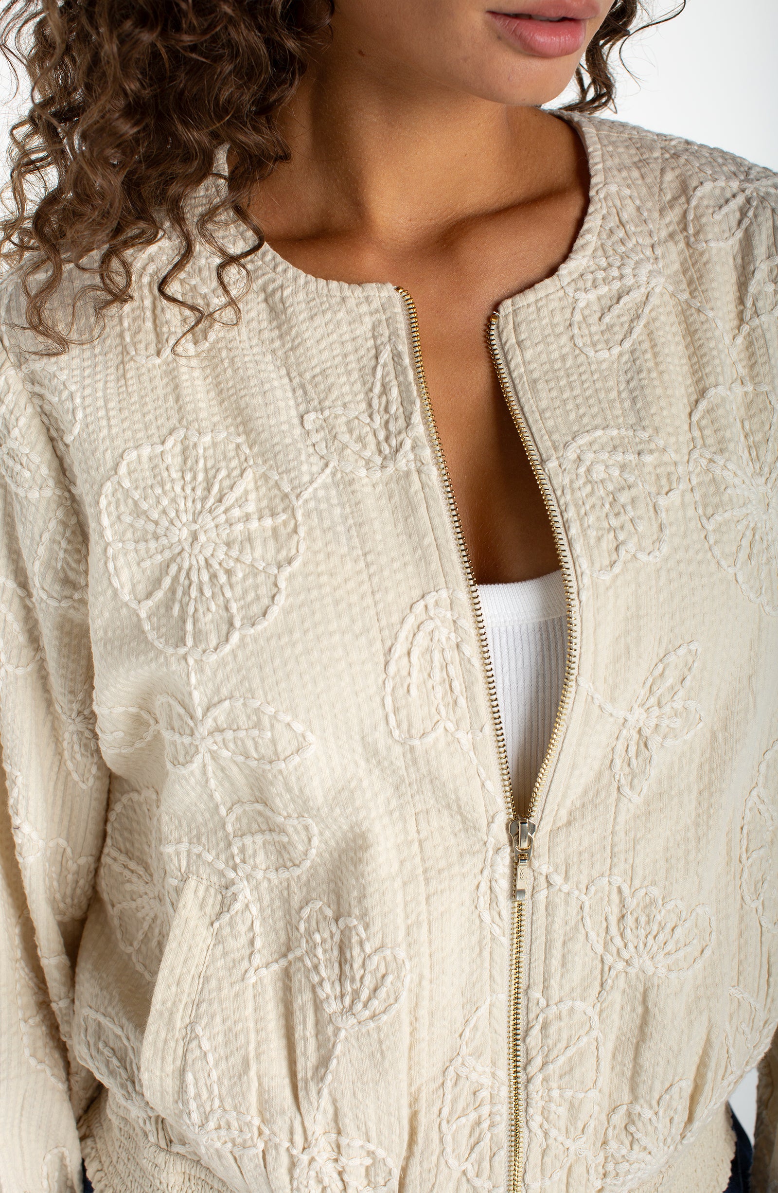Long Sleeve Collarless Jacket w/Smocking in beige floral cotton, relaxed blouson style by LIVERPOOL LOS ANGELES