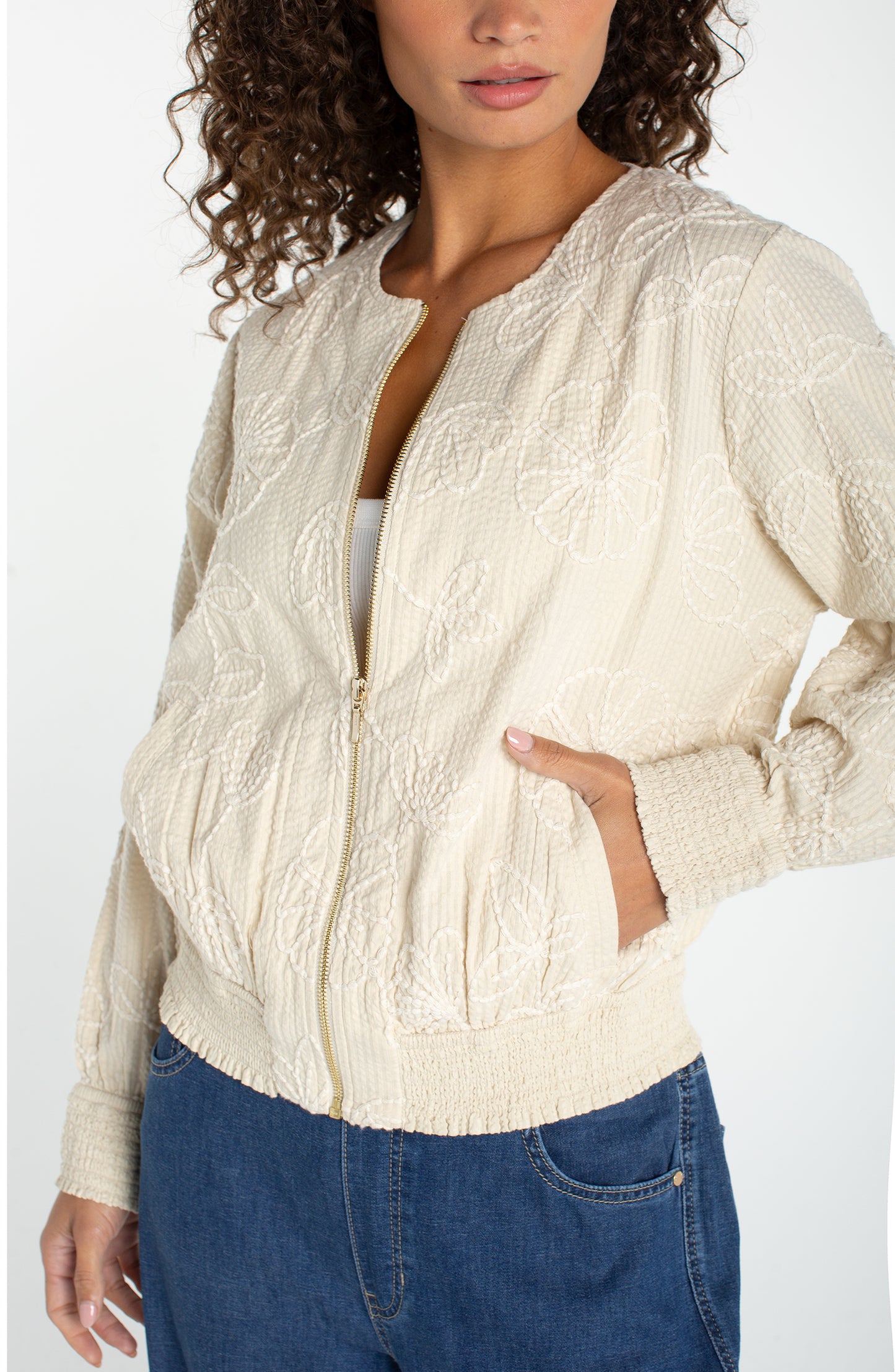 Long Sleeve Collarless Jacket w/Smocking in beige floral cotton with relaxed fit by LIVERPOOL LOS ANGELES